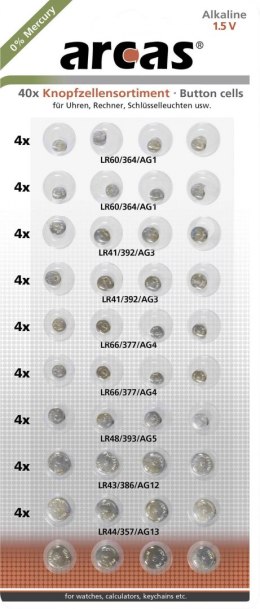 Arcas AG Set (8xAG1, 8xAG3, 8xAG4, 8xAG13, 4xAG5, 4xAG12), Alkaline Button Cell, 40 pc(s)